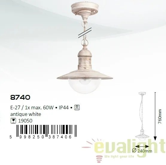 Lustra, Pendul de exterior cu protectie IP44, finisaj alb antic, diametru 24cm, Oslo 8740 RX