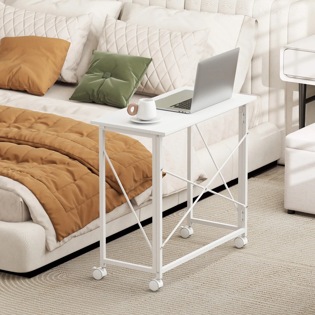 HOMCOM Masă pliantă pentru calculator 80 x 40 cm pe roți pentru birou de acasă, dormitor, spații mici, alb | Aosom Romania