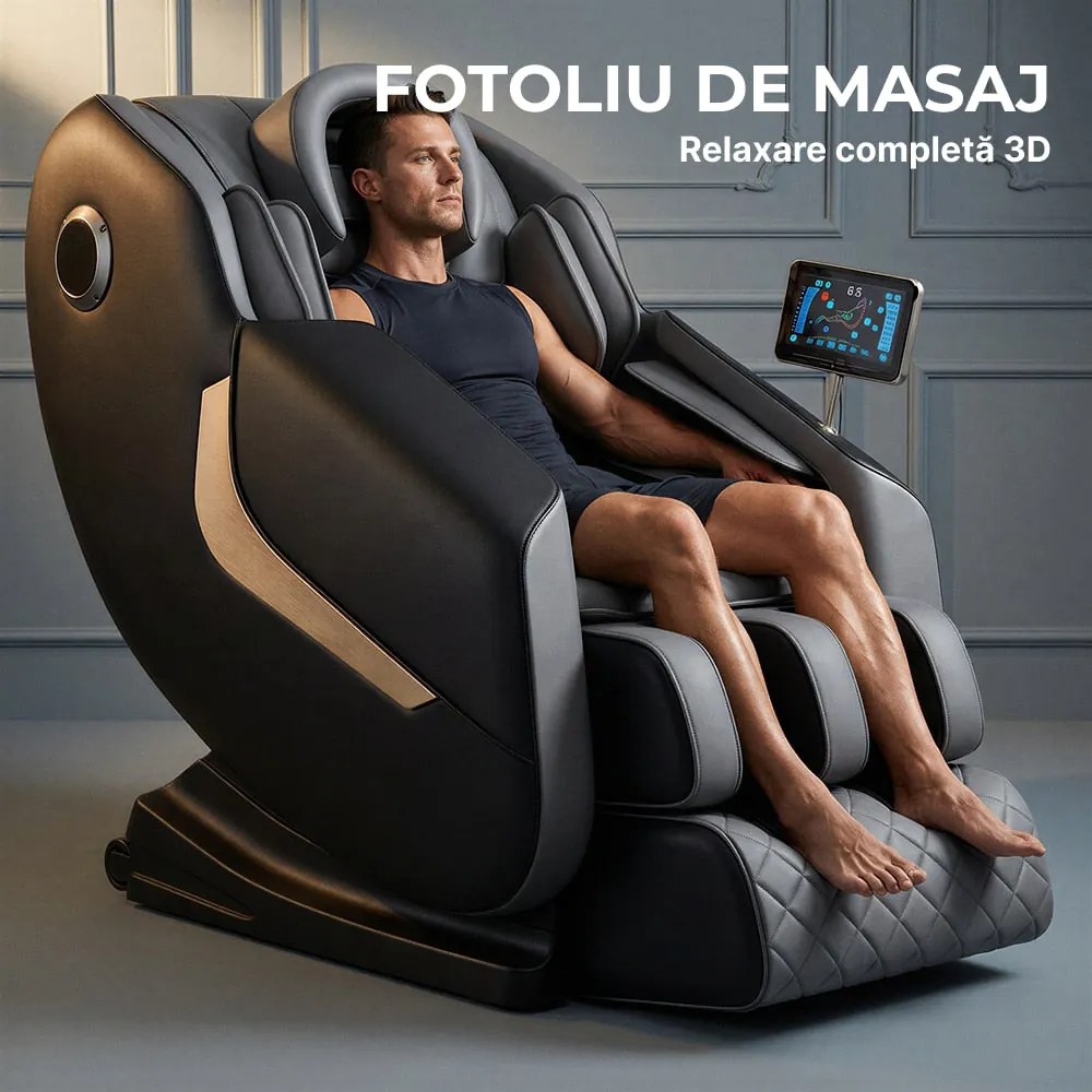Fotoliu masaj GAIUS ULTRA PRO cu comanda vocala AI, Zero Gravity si incalzire lombara, Gri