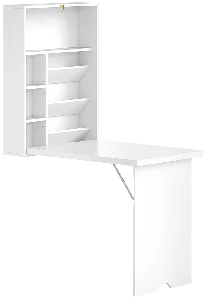 HOMCOM Birou pliabil de perete, masă de perete pliabilă cu rafturi pentru living, sufragerie, birou, 93,8 x 60 x 147 cm, alb | Aosom Romania