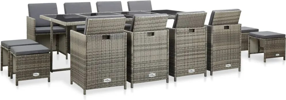 vidaXL Set mobilier de exterior cu perne, 13 piese, gri, poliratan