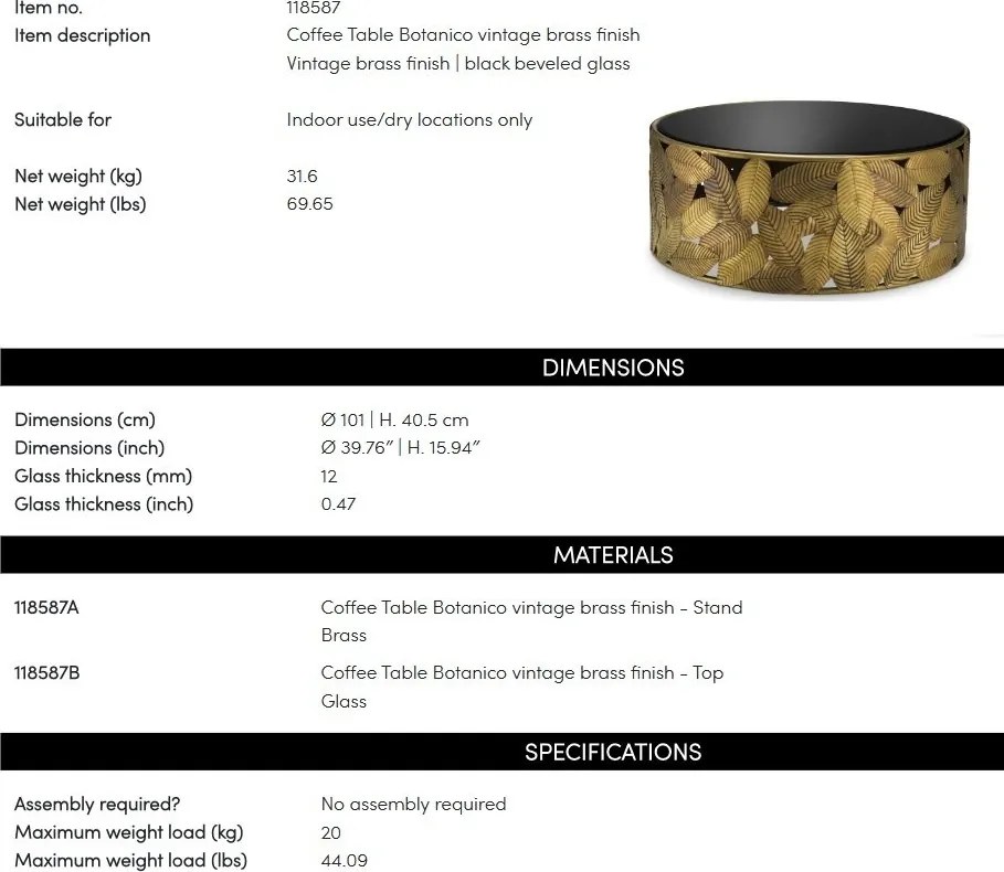 Masuta de Cafea Design LUX, Alama, Sticla, Negru, Botanico