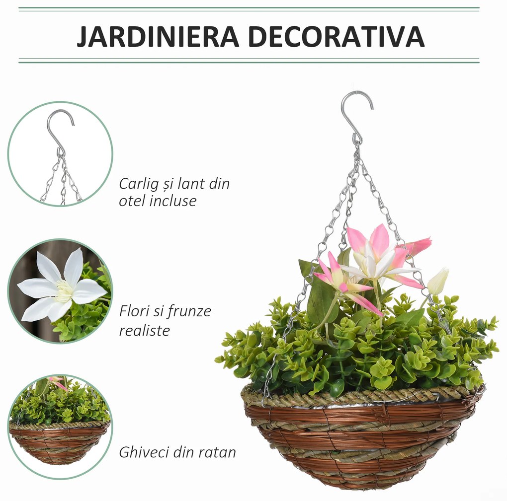 Outsunny Set din 2 plante artificiale clematic, cu cuier si lant pentru agatare, Ф30 x 32 cm, frunze verzi, flori albe si rosii | Aosom Romania