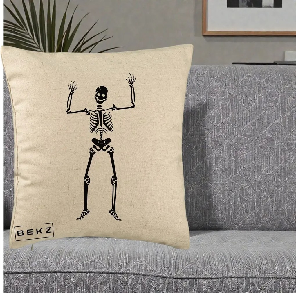 Perna Decorativa Halloween Schelet Dansator, 40x40 cm, Bej, Husa Detasabila, Perna Inclusa, BEKZ®