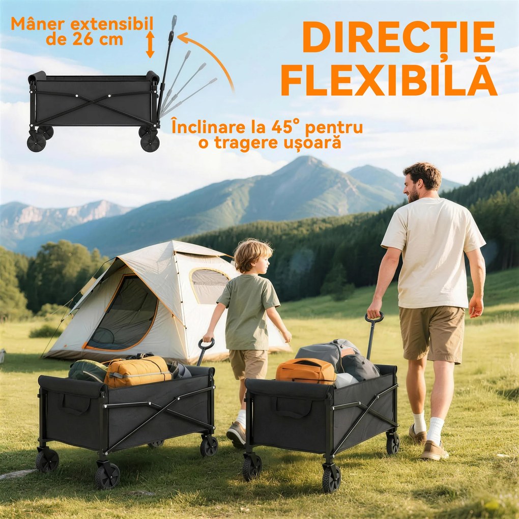 Outsunny Cărucior de Grădină 80L Pliabil cu Mâner Reglabil, din Metal și Țesătură Oxford, 78x47.5x92 cm, Negru | Aosom Romania