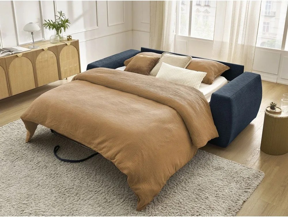 Canapea albastru-închis pentru dormitul zilnic/extensibilă cu tapițerie din chenille 240 cm Hugo – Bobochic Paris