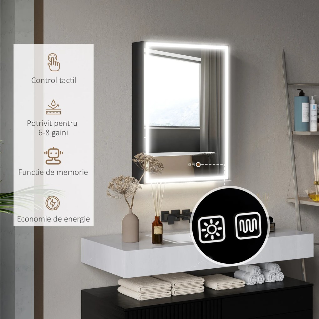 HOMCOM Dulap cu Oglindă pentru Baie cu Lumini LED și Priză pentru Aparat de Ras, Dulap Suspendat cu Funcție Anti-Ceață, Reglare Luminozitate, 3 Culori, Negru | Aosom Romania