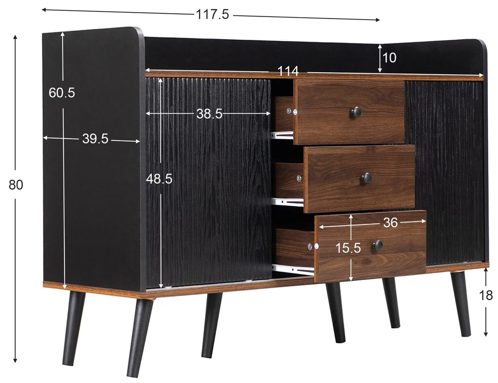 Comodă cu 3 sertare, uși glisante în dungi, 117,5x39,5x80 cm, Negru