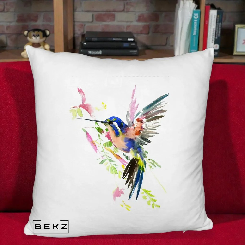 Perna Decorativa Colibri Acuarela, 40x40 cm, Alb Pufos, Husa Detasabila, Perna Inclusa, BEKZ®