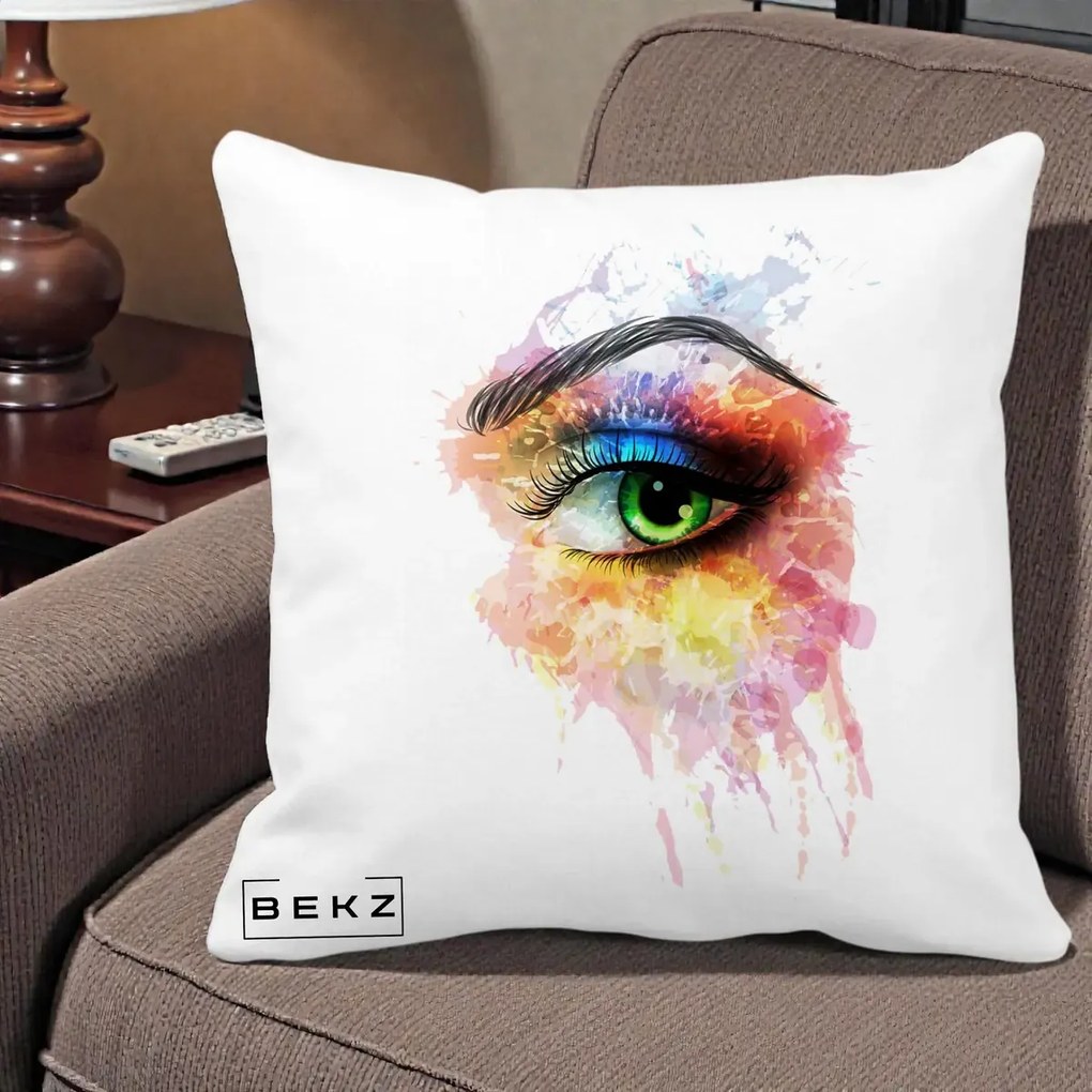 Perna Decorativa Ochi Verde Acuarela, 40x40 cm, Alba Mata, Husa Detasabila, Perna Inclusa, BEKZ®