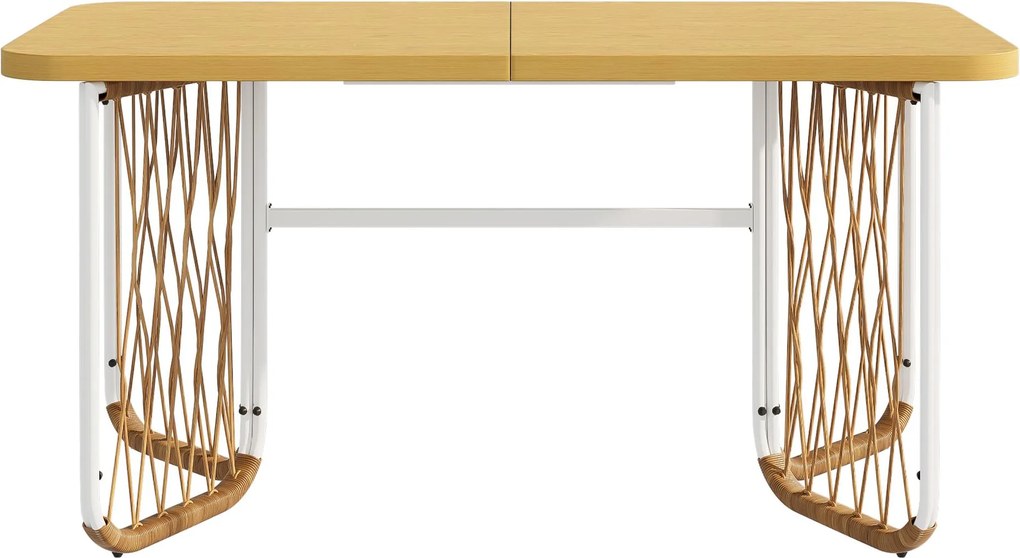 Set modern de mobilier de grădină, 7 piese, cadru alb din fier cu cotiere împletite, 1 masă+6 scaune, Bej+Culoare naturală