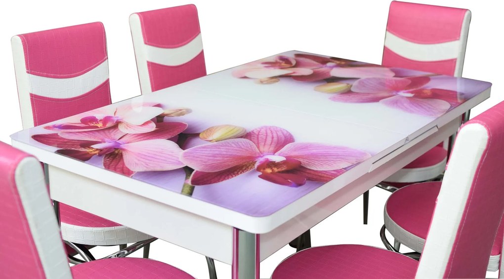 Set masa extensibila cu 6 scaune orhideia roz