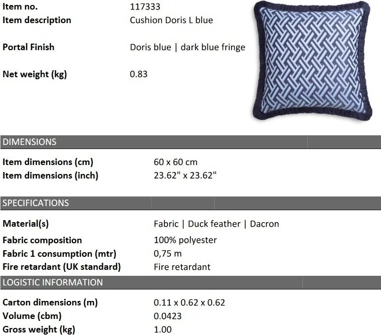 Perna decorativa design LUX Doris L albastru, 60x60cm