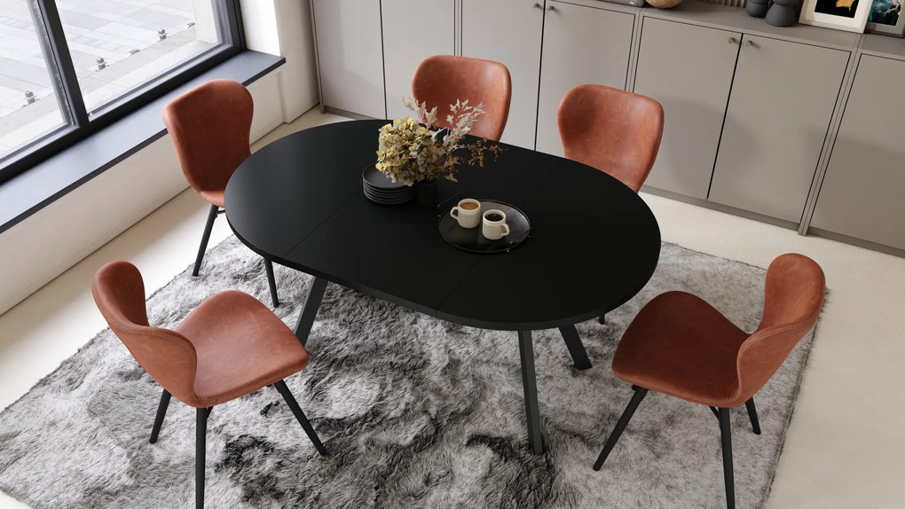 Mazzoni ALMO Negru/picioare negre - MASĂ ROTUNDĂ EXTENSIBILĂ CU PICIOARE ÎN FORMĂ DE Y STIL LOFT PENTRU SALON/SUFRAGERIE