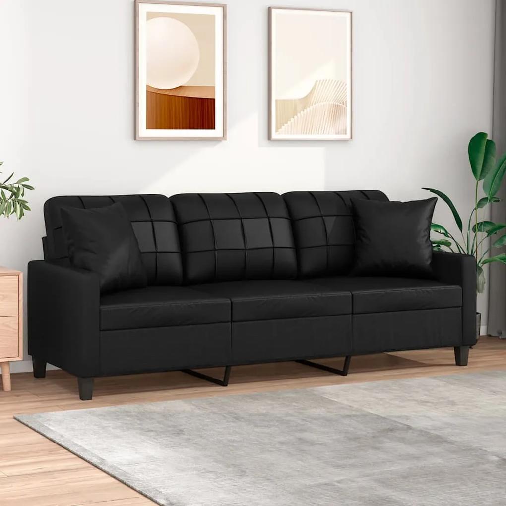 Canapea cu 3 locuri cu pernute, negru, 180 cm, piele ecologica