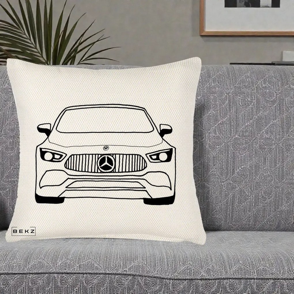 Perna Personalizata Mercedes-Benz Fata Linie, 40x40 cm, Crem Reliefat, Husa Detasabila, Perna Inclusa, BEKZ®
