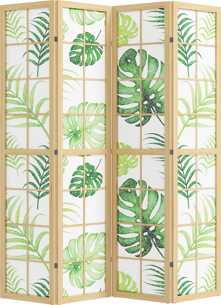 HOMCOM Separator de cameră 4 piese, pliabil, design boho, motiv tropical, separator independent, cadru din lemn, verde | Aosom Romania