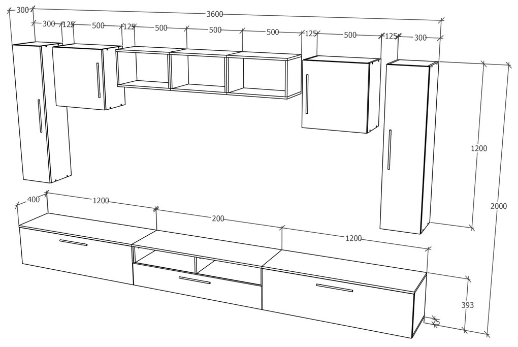 Living haaus Haga V2, Alb Lucios/Negru, MDF, L 360 cm