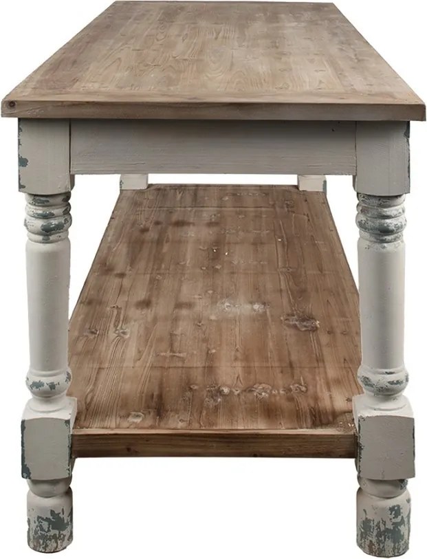 Masă de prezentare shabby chic din lemn, natur, cu raft inferior și picioare strunjite, finisaj alb antichizat, 85 x 180 x 70 cm, „Clarisse”