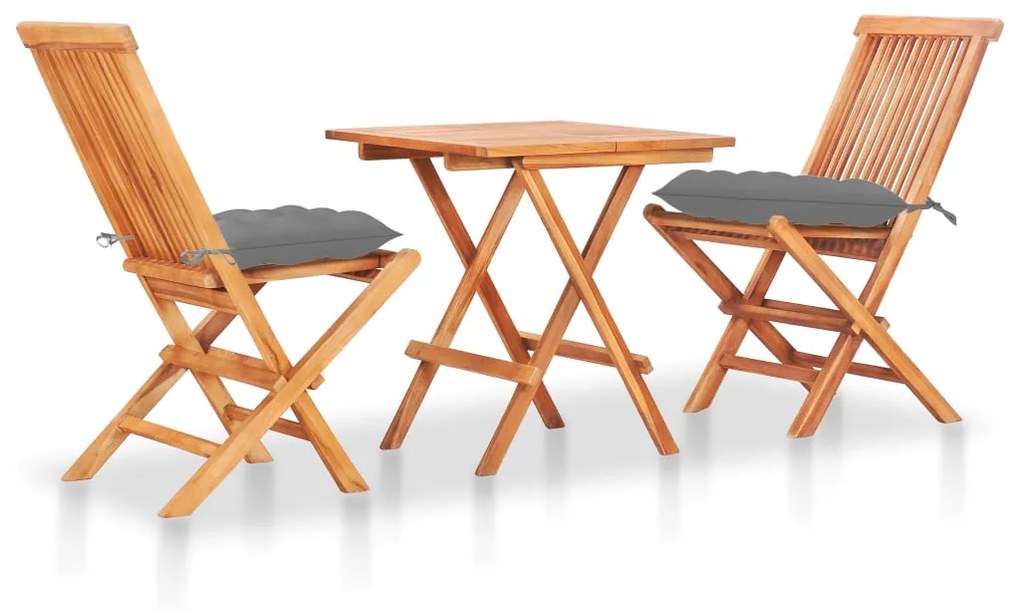 vidaXL Set mobilier de bistro cu perne gri, 3 piese, lemn masiv de tec