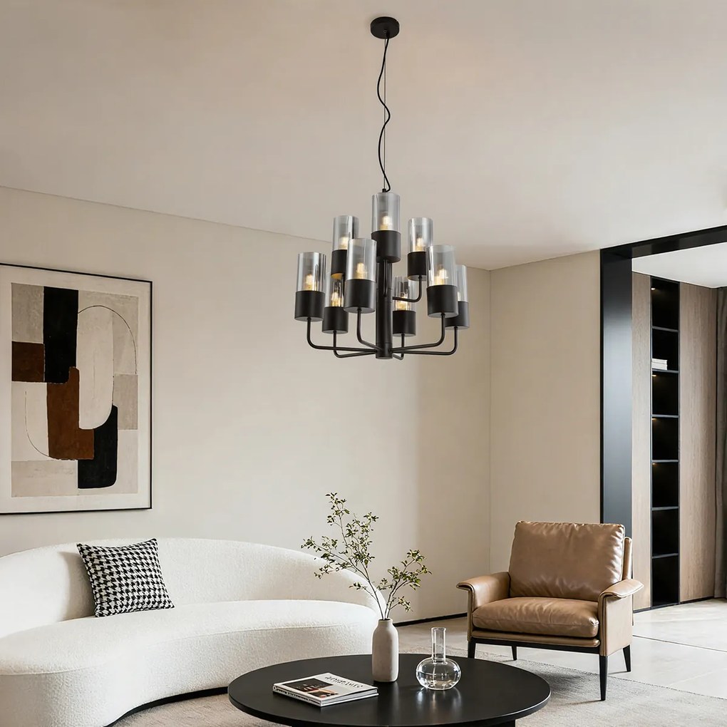 Candelabru modern negru cu sticlă fumurie cu 9 lumini - Laura
