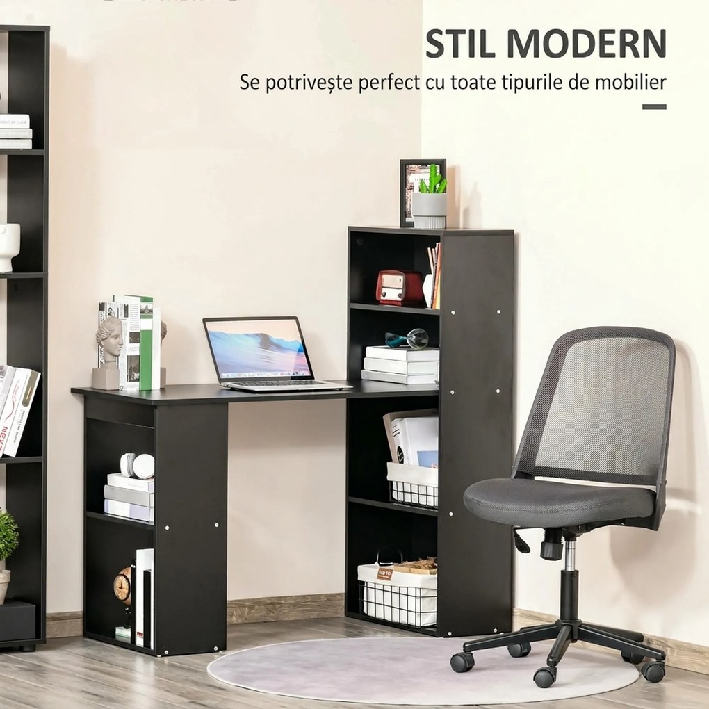 Birou Modern pentru Acasa cu Rafturi de Depozitare pe 6 Niveluri, Masa de Scris cu Raft pentru Carti, Negru HOMCOM | Aosom Romania