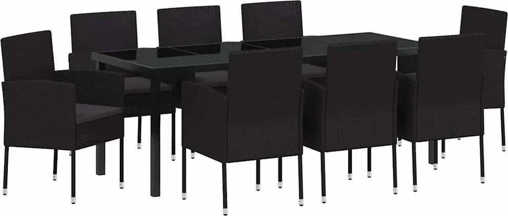 vidaXL Set de masă pentru grădină cu pernă 9 pcs Negru poliratan