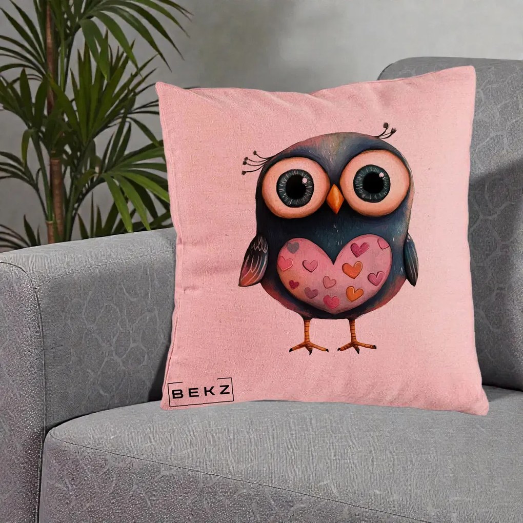 Perna Decorativa Bufnita cu Inimioare Roz, 40x40 cm, Roz, Husa Detasabila, Perna Inclusa, BEKZ®