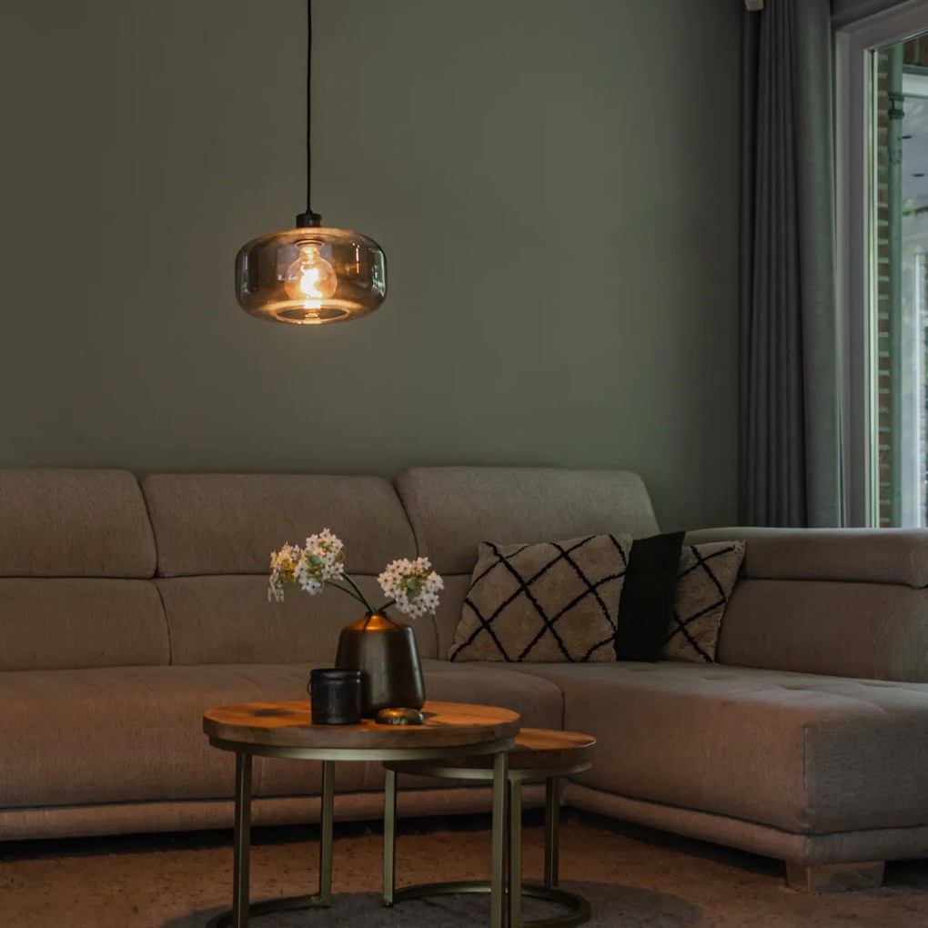 Lampă suspendată Art Deco neagră cu sticlă fumurie - Bizle