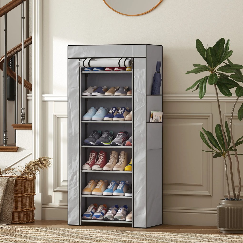 HOMCOM Pantofar cu 7 rafturi din oțel, cu husă din material nețesut, 60 x 30 x 126 cm, gri | Aosom Romania