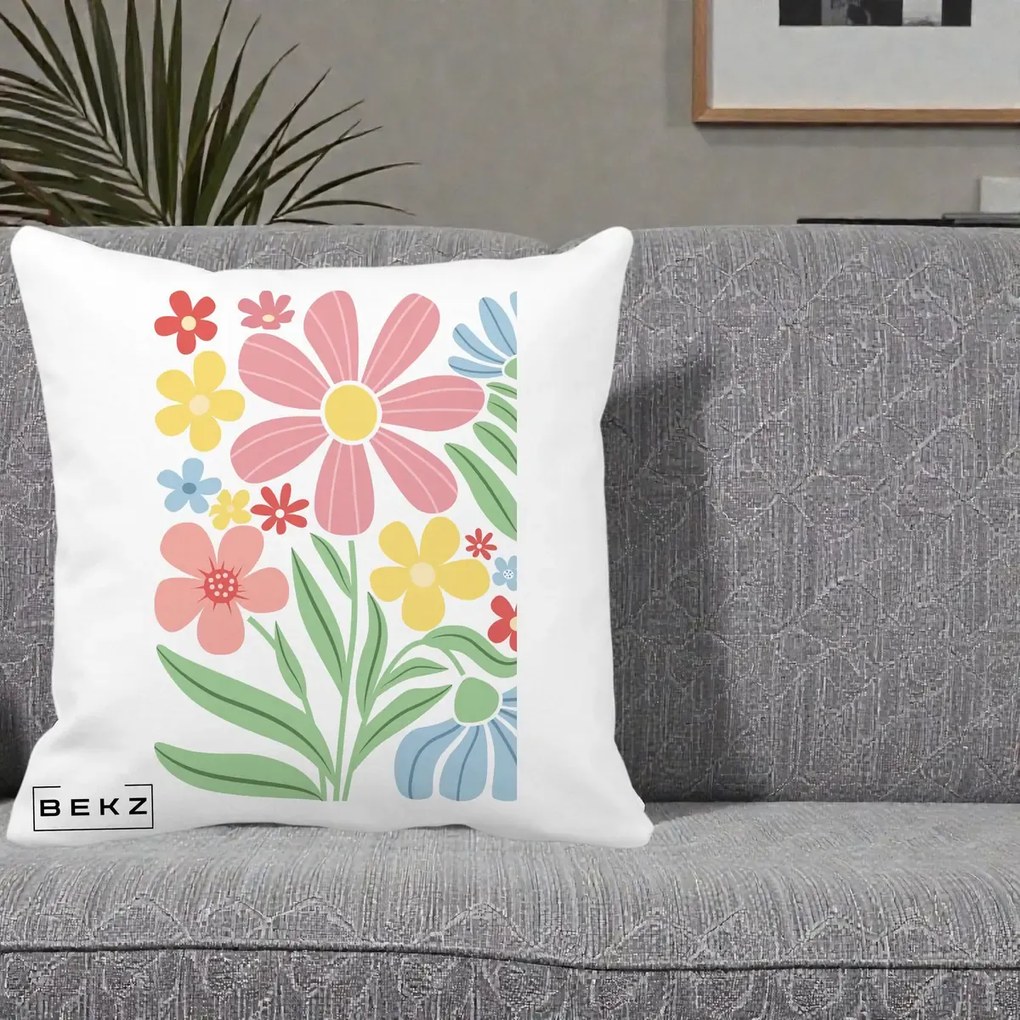 Perna Decorativa Flori Grafice Roz Pastel, 40x40 cm, Alba Mata, Husa Detasabila, Perna Inclusa, BEKZ®