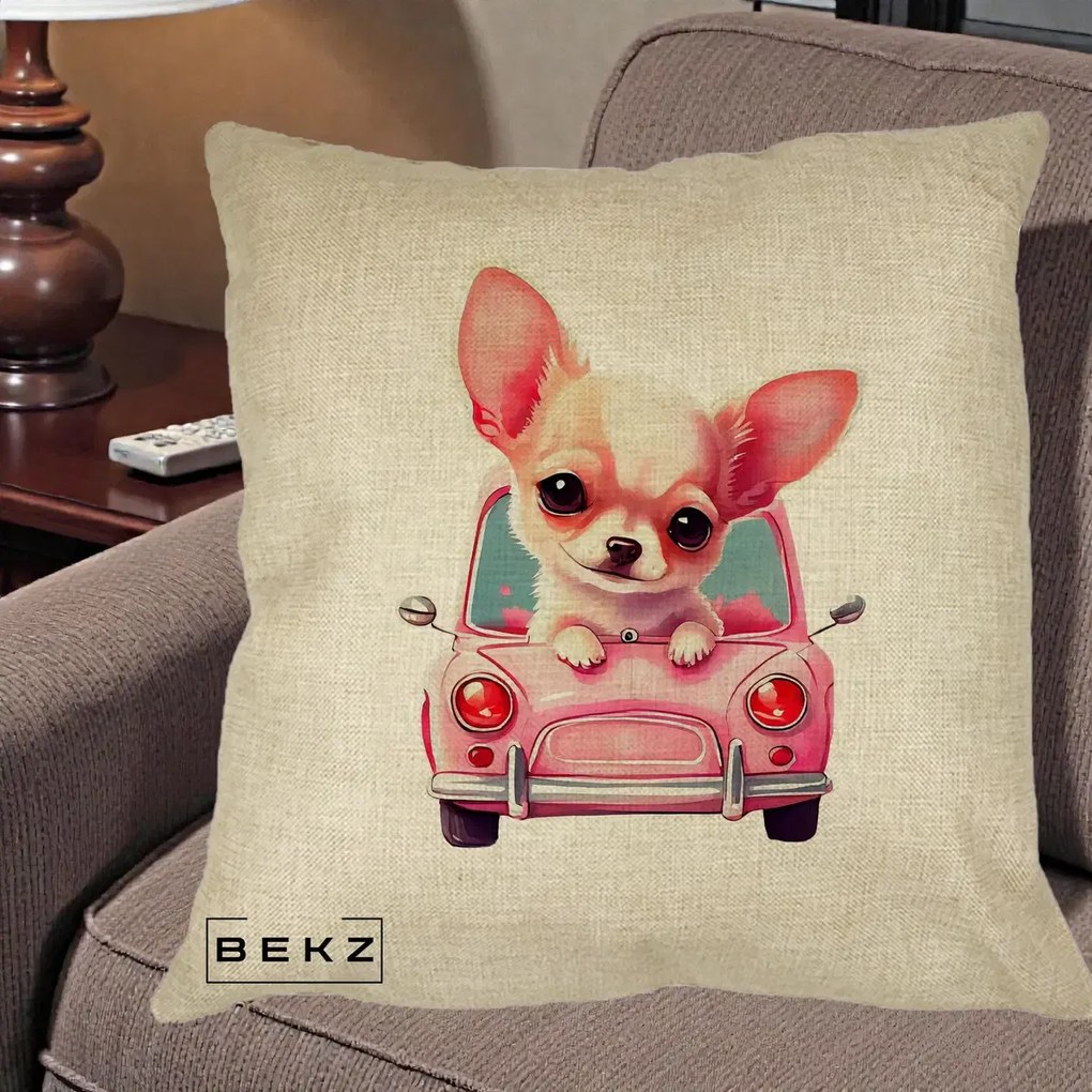 Perna Decorativa Chihuahua Roz in Masinuta, 40x40 cm, Crem, Husa Detasabila, Perna Inclusa, BEKZ®