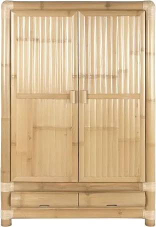 Dulap înalt din bambus și ratan, natur, cu 2 uși, 2 sertare, 3 rafturi și bară pentru haine, legături din ratan, 170 x 120 x 60 cm, „Bally”