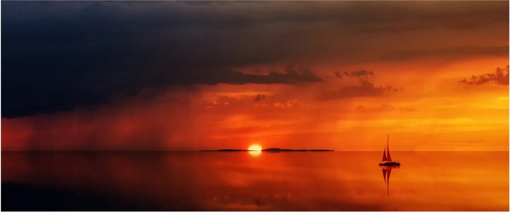 Tabloul apusului de soare cu barca (120x50 cm)