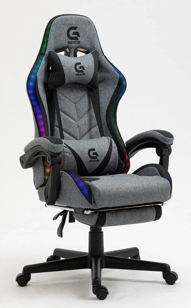 RESIGILAT- Scaun gaming, sistem iluminare bandă LED RGB, cu masaj în perna lombară, suport picioare, material textil, Gri/Negru