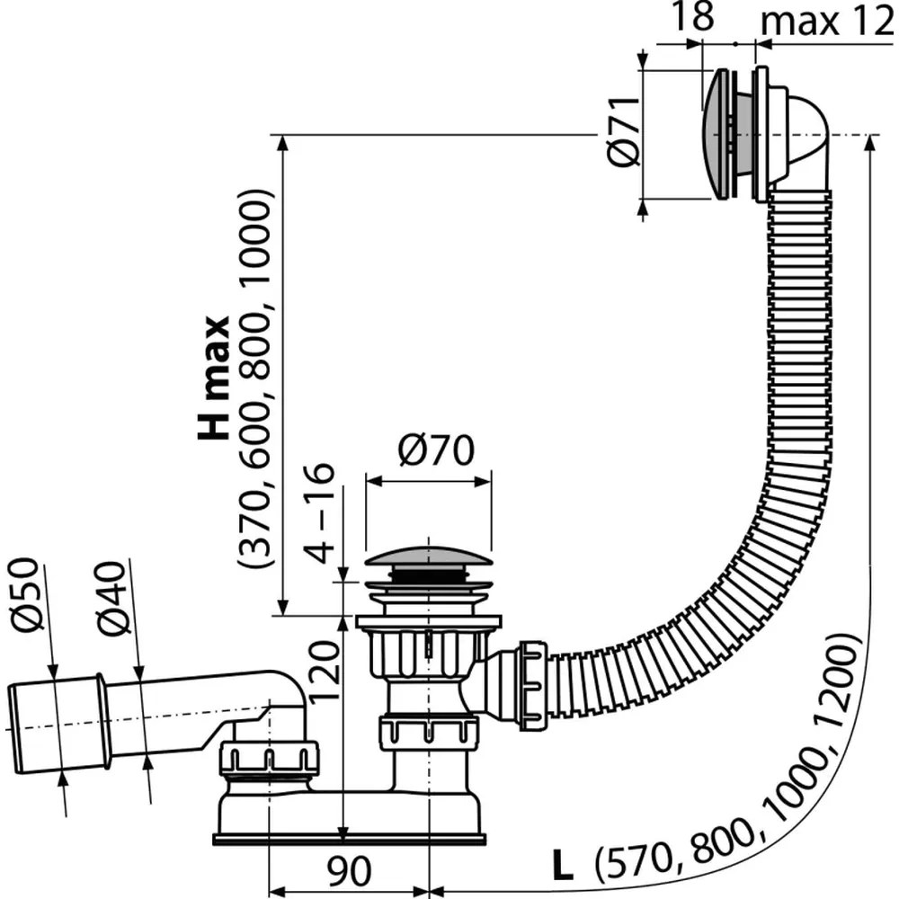 Sifon cada baie cu ventil Click-Clack metalic 120 mm si preaplin Alcadrain A504CKM 120 mm