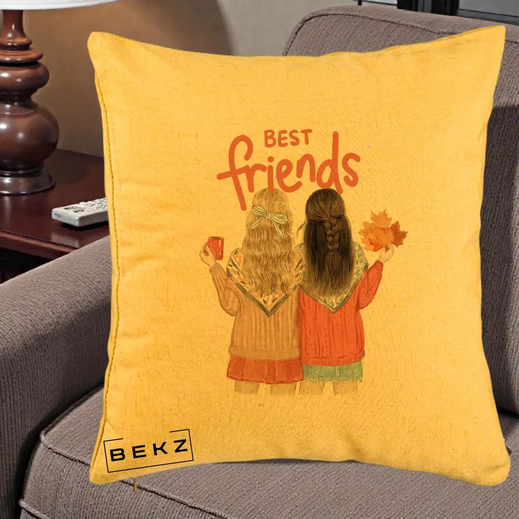 Cadou pentru Prieteni - Perna Personalizata Best Friends Toamna, 40x40 cm, Galben, Husa Detasabila, Perna Inclusa, BEKZ®