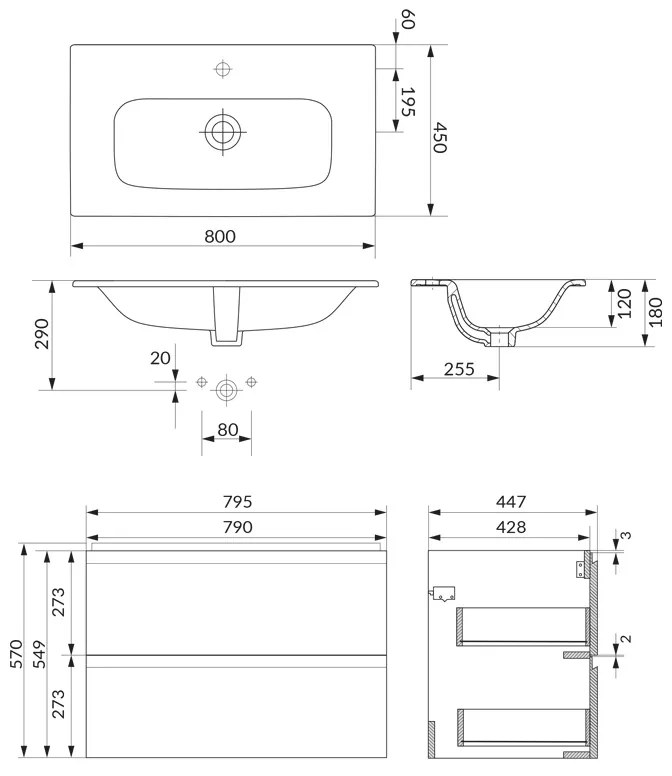 Set mobilier suspendat cu lavoar, Cersanit, Moduo 80, antracit