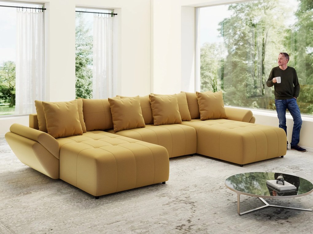 Colțar extensibil dumonde cu ladă de depozitare si sezut confortabil din spuma high-density, Berlin U Royal Mustar 380x180 cm