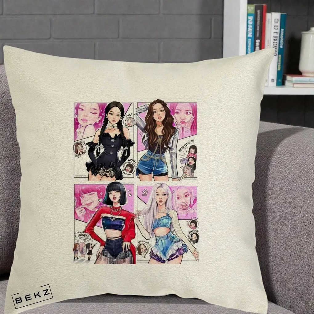 Perna Personalizata K-pop BLACKPINK Fanart Manga Benzi Desenate 4 Membre, 40x40 cm, Ecru, Husa Detasabila, Perna Inclusa, BEKZ®
