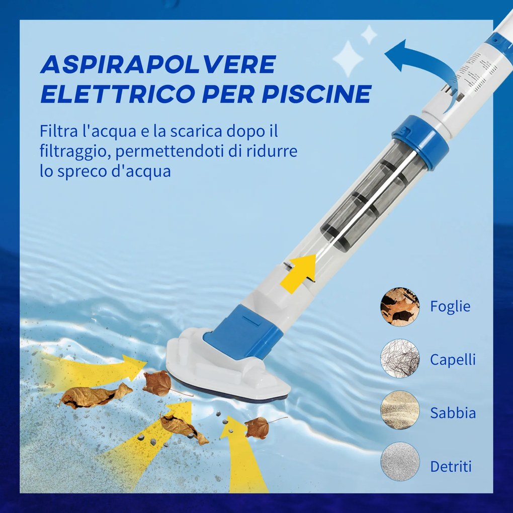 Outsunny Aspirator pentru Piscina Portabil Fara fir cu Stalp Telescopic si Cartus Filtru, 210x17x7cm, Alb si Albastru inchis