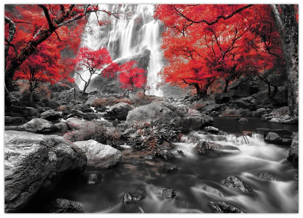 Tablou pe sticlă - Cascade în peisajul de toamnă (70x50 cm)