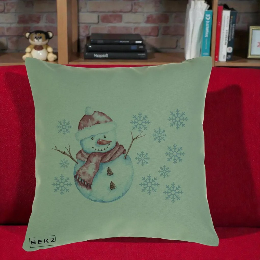 Perna Decorativa Om de Zapada Rosu cu Fulgi, 40x40 cm, Verde, Husa Detasabila, Perna Inclusa, BEKZ®