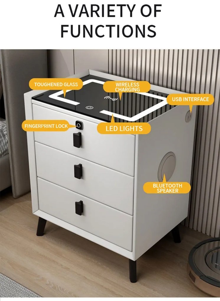 Noptieră inteligentă multifuncțională, 3 sertare, blocare cu amprentă, LED-uri tactile, 3 tipuri de culoare, încărcare fără fir, Difuzor Bluetooth, incarcare USB, sticla securizata, Alb
