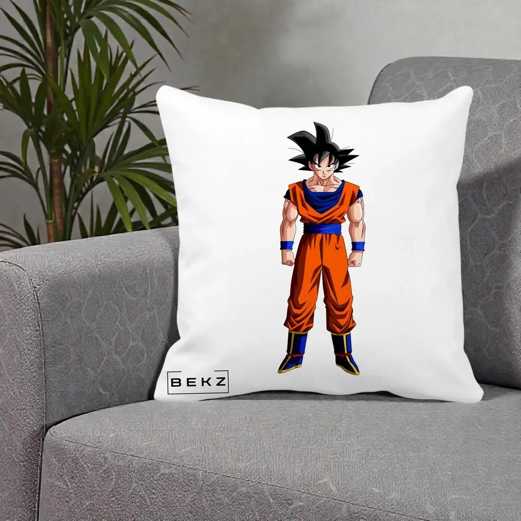 Perna Personalizata Dragon Ball Goku Complet in Gi Portocaliu, 40x40 cm, Alba Mata, Husa Detasabila, Perna Inclusa, BEKZ®