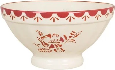 Bol din ceramică artizanală, natur, cu motive florale pictate manual roșu și bordură decorativă, 23×12 cm, „Marion"