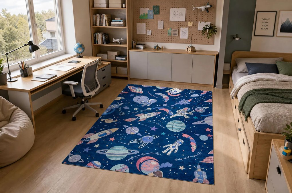 BAMBINO 61580 covor lavabil rachetă spațială pentru copii anti-alunecare - bleumarin / portocaliu