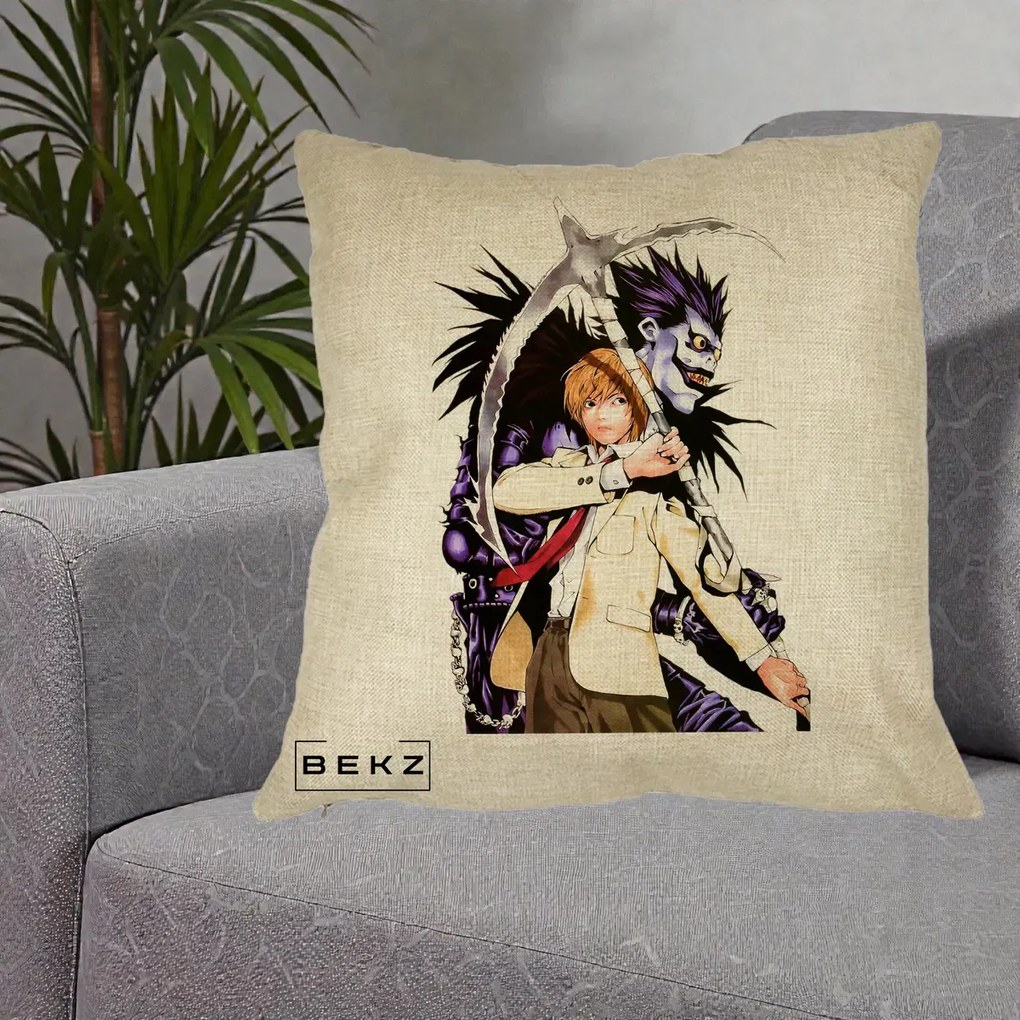 Perna Personalizata Death Note Light si Ryuk Duo, 40x40 cm, Crem, Husa Detasabila, Perna Inclusa, BEKZ®