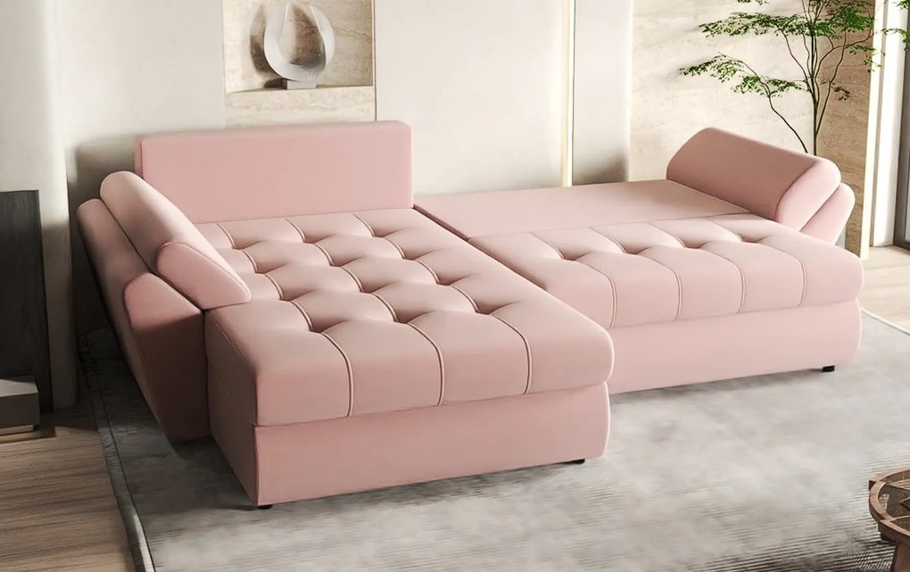 Colțar extensibil dumonde cu ladă de depozitare si sezut confortabil din spuma high-density, Loana Royal Pink 270x185 cm
