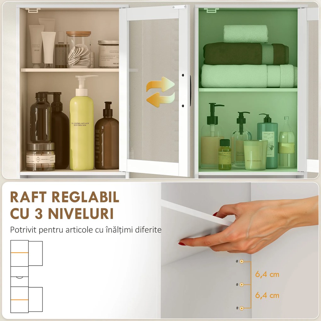 HOMCOM Mobilier de Baie Slim cu Dulapuri și Ușă din Sticlă, Mobilier Economizitor de Spațiu cu Raft Deschis, Sertar și Rafturi Ajustabile, Coloană Modernă, 40x30x165 cm, Alb | Aosom Romania